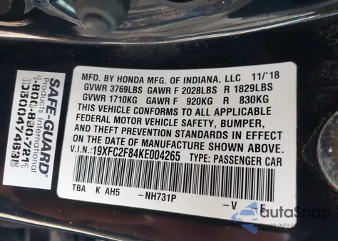 2019 Honda Civic Sport из США, поврежденный, VIN 19XFC2F84KE004265